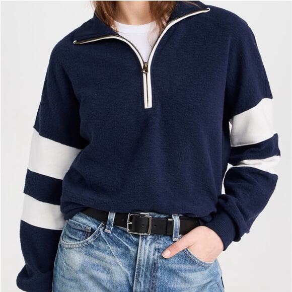 Faherty Beach Fleece Quarter Zip Sweatshirt Striped Jacket Navy Blue White - Picture 1 of 16